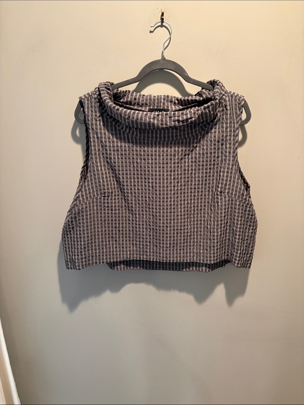 Textured Sleeveless Crop Top in Gray and Green with Cowl Neck